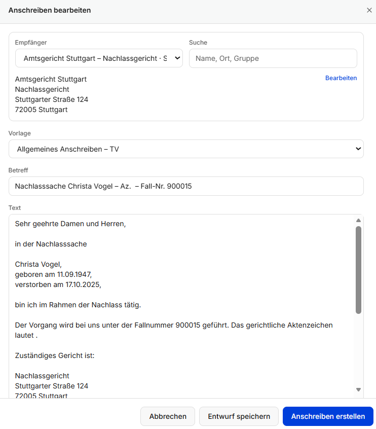 Anschreiben in OASIS mit Empfänger, Vorlage und automatisch ausgefüllten Falldaten