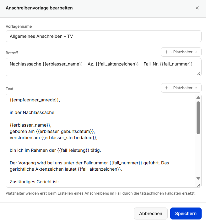 Bearbeitung einer Anschreibenvorlage in OASIS mit dynamischen Platzhaltern