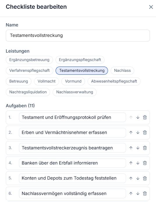 OASIS-Dialog „Checkliste bearbeiten“: Vorlage mit Name, zugeordneten Leistungen und nummerierten Aufgaben in fester Reihenfolge