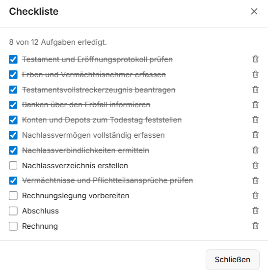 OASIS-Checkliste im Fall: Aufgabenliste mit abgehakten, durchgestrichenen Erledigungen und offenen Schritten
