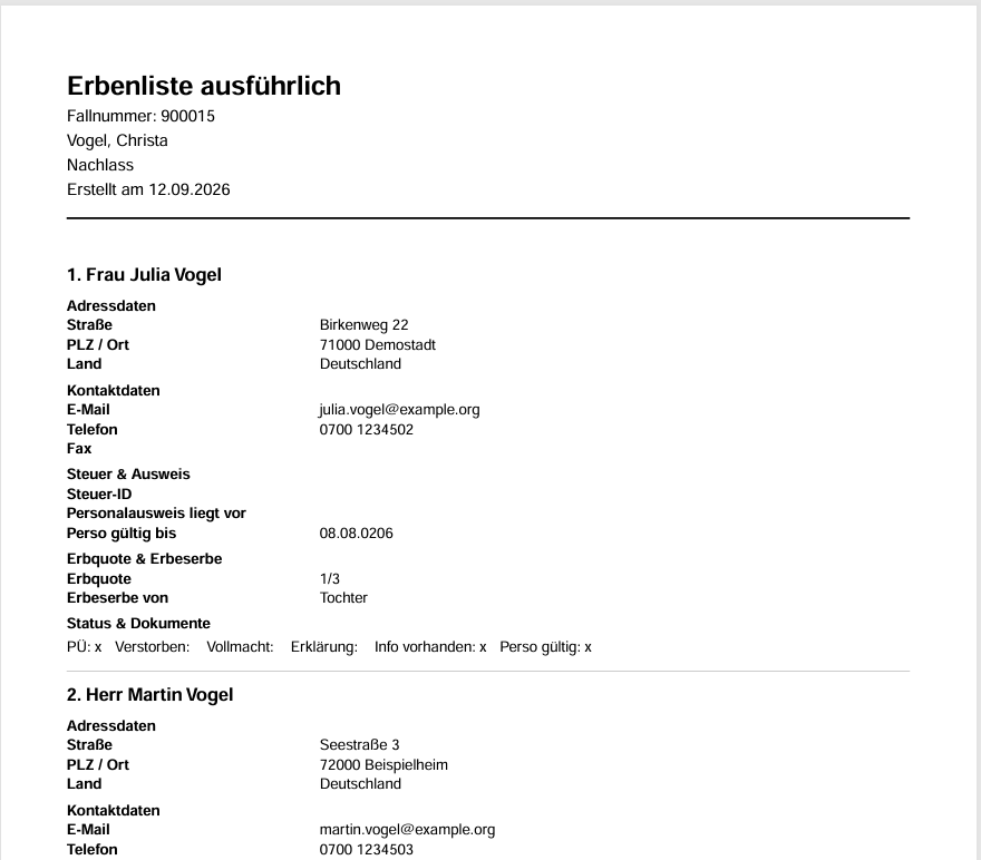 Ausführliche OASIS-Erbenliste als PDF mit Fallnummer, Name, Leistung, Erstellungsdatum und je Erbe Adressdaten, Kontaktdaten, Steuer- und Ausweisangaben, Erbquote und Erbeserbe