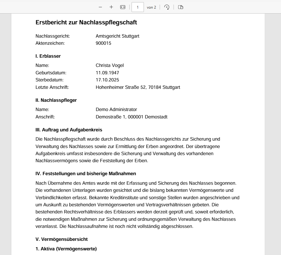 Als PDF ausgegebener Erstbericht zur Nachlasspflegschaft mit Angaben zu Nachlassgericht, Aktenzeichen, Erblasser, Nachlasspfleger, Auftrag und Aufgabenkreis, bisherigen Maßnahmen und beginnender Vermögensübersicht