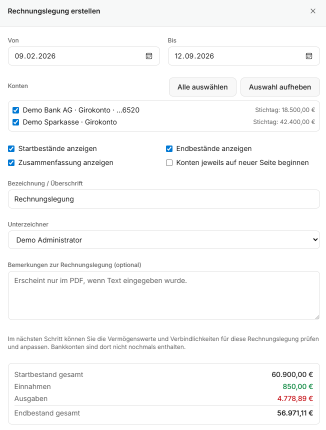 OASIS-Dialog „Rechnungslegung erstellen“ mit Zeitraum, Auswahl der Konten mit Stichtagsbeständen, Anzeigeoptionen, Unterzeichner und Zusammenfassung aus Startbestand, Einnahmen, Ausgaben und Endbestand